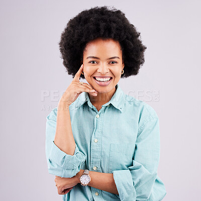 Buy stock photo Black woman, studio portrait and smile with afro, happiness hand gesture for thinking, mindset and confidence. Happy african, girl and model with motivation, fashion and young by white background