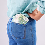 Money savings, butt pocket or woman with lotto award, competition prize fund or cash dollar budget. Ass, studio payment salary or winner of poker, bingo or casino gambling isolated on gray background