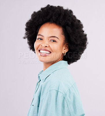 Buy stock photo Portrait, happy and black woman smile for fashion or style with an afro isolated against a studio pink background. Face, casual and female person excited, confident and beauty or happiness