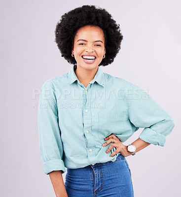 Buy stock photo Confidence, laugh and portrait of black woman in studio for happy, positive and empowerment. Happiness, funny and elegant with face of female isolated on gray background for young, excited and pride
