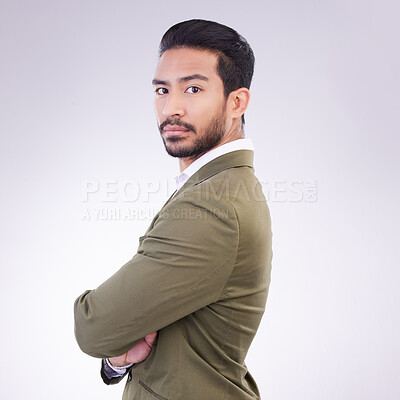 Buy stock photo Business man, serious and portrait with arms crossed in studio with pride for career on gray background. Asian male entrepreneur with dedication and ambition for professional occupation mockup space