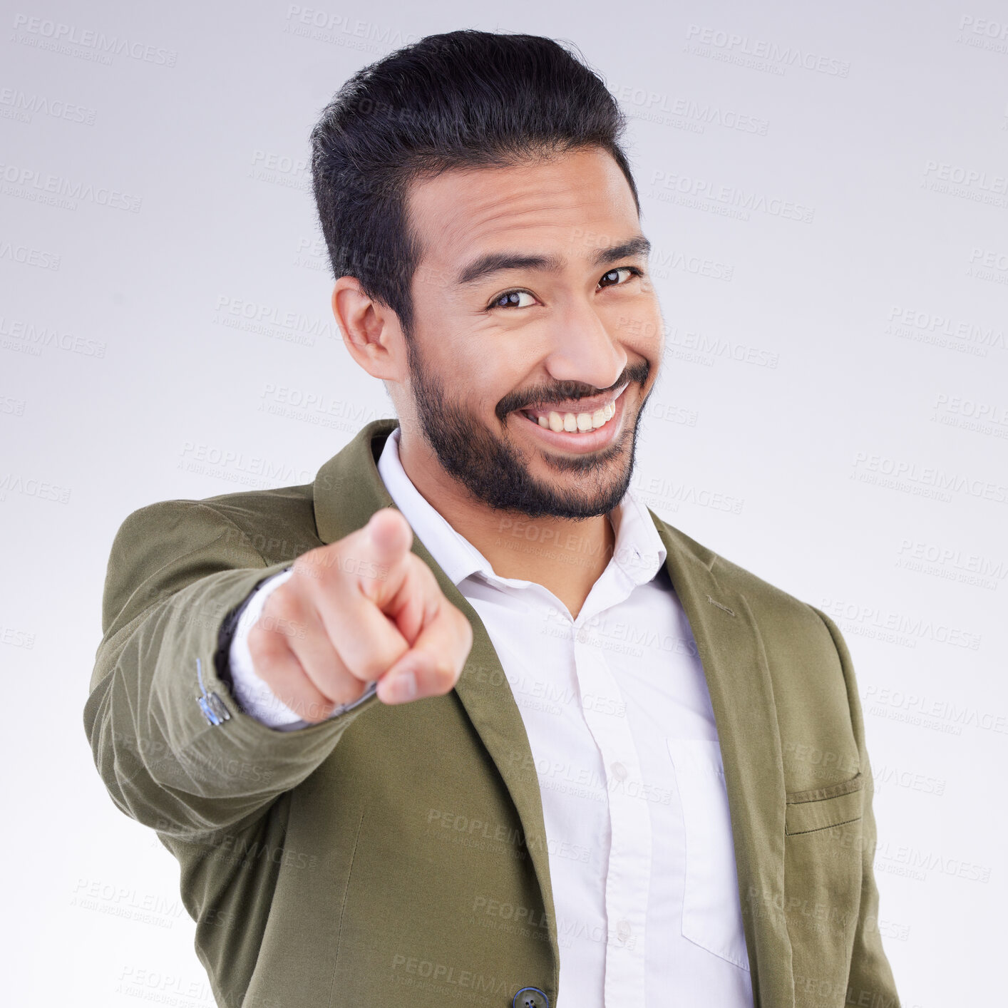 Buy stock photo Portrait, success and Asian man pointing to you, happiness and cheerful against a grey studio background. Face, Japanese male employee and guy with gesture for space or finger show choice or decision