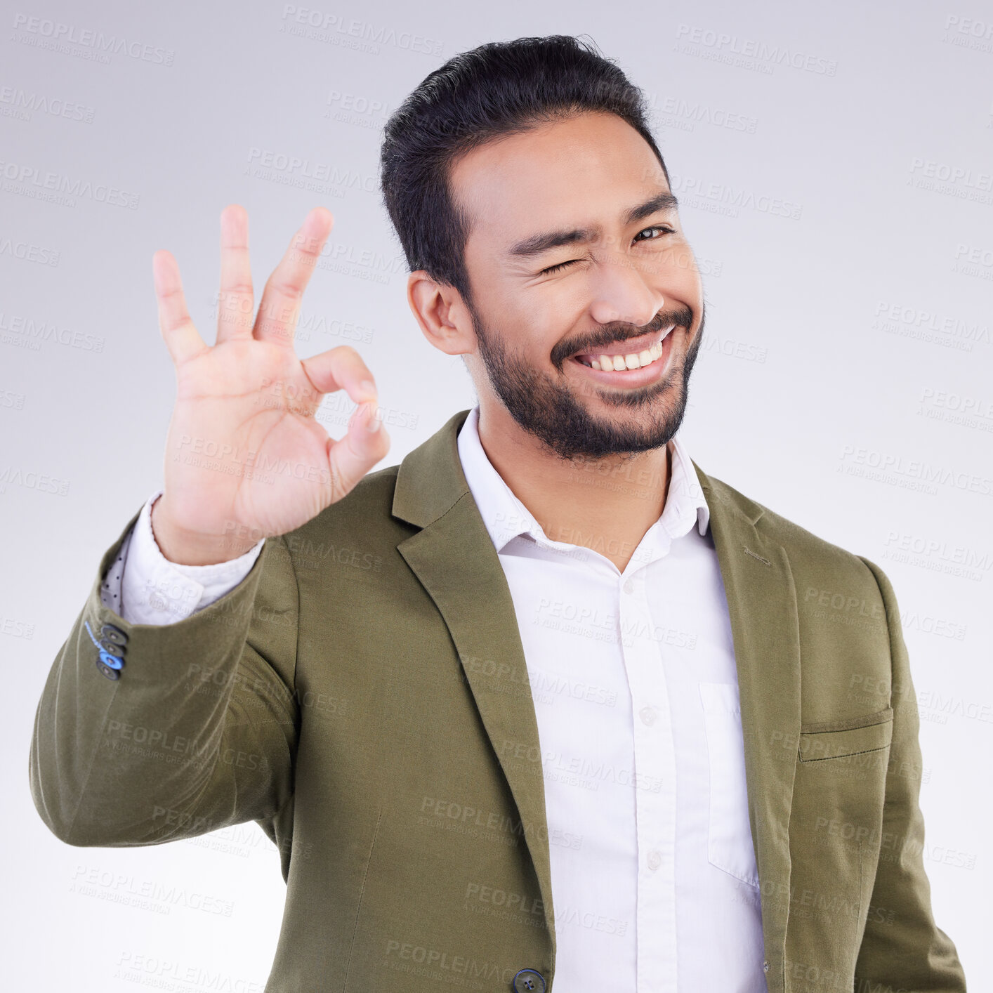 Buy stock photo OK hand, portrait and business man isolated on a white background career, job success and agreement with wink. Like, yes and okay sign or emoji of asian person, entrepreneur or worker face in studio