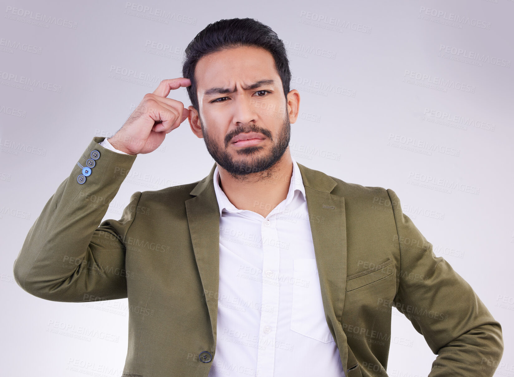 Buy stock photo Confused, decision and an Asian man thinking with a gesture isolated on a white background in a studio. Doubt, think and a Japanese businessman with a choice, pensive and thoughtful on a backdrop