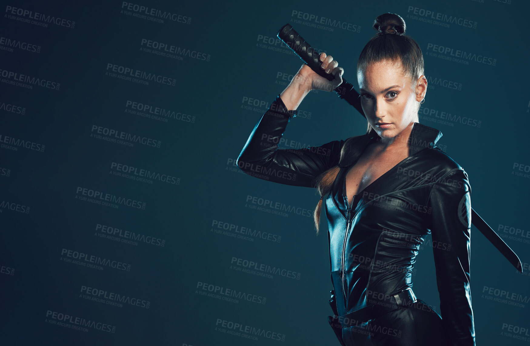 Buy stock photo Woman, warrior and portrait with space in studio for action, fight and safety from danger on dark background. Strong female model or assassin in scifi leather cosplay costume and sword for action