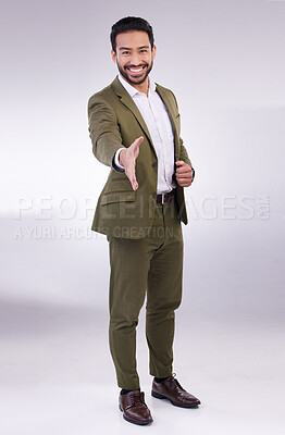 Buy stock photo Business man, handshake and smile portrait in studio for congratulations or thank you on gray background. Asian entrepreneur person with hand gesture for deal agreement, welcome or hiring partner