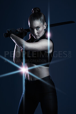 Buy stock photo Warrior, woman and sword portrait to fight in studio for action on dark background. Strong female model, assassin or agent scifi futuristic cosplay costume with weapon as ninja or vigilante mission
