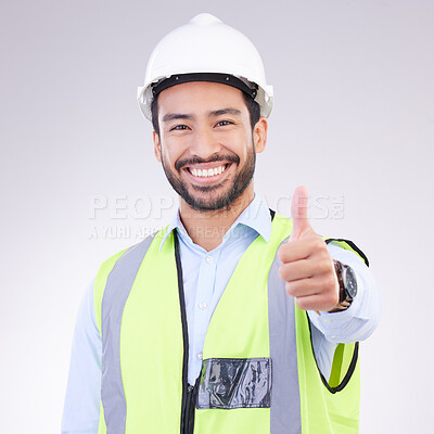 Buy stock photo Thumbs up of engineering man face isolated on a white background support, like or success in project management goals. Asian construction worker or architect contractor  thank you hand sign in studio