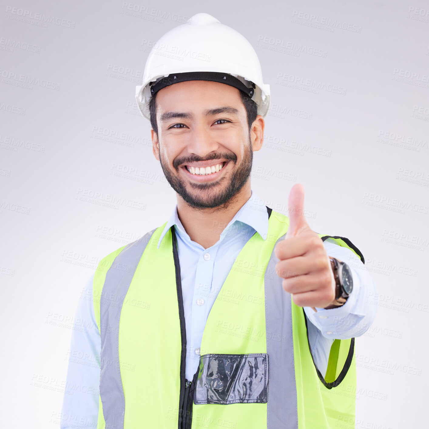 Buy stock photo Thumbs up of engineering man face isolated on a white background support, like or success in project management goals. Asian construction worker or architect contractor  thank you hand sign in studio