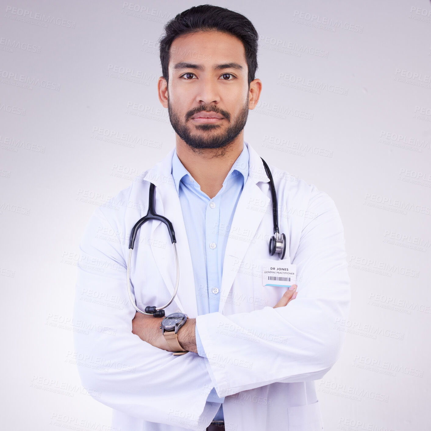 Buy stock photo Proud portrait of man or doctor isolated on a white background for healthcare services, leadership and career mindset. Serious face of medical professional or asian person for cardiology in studio