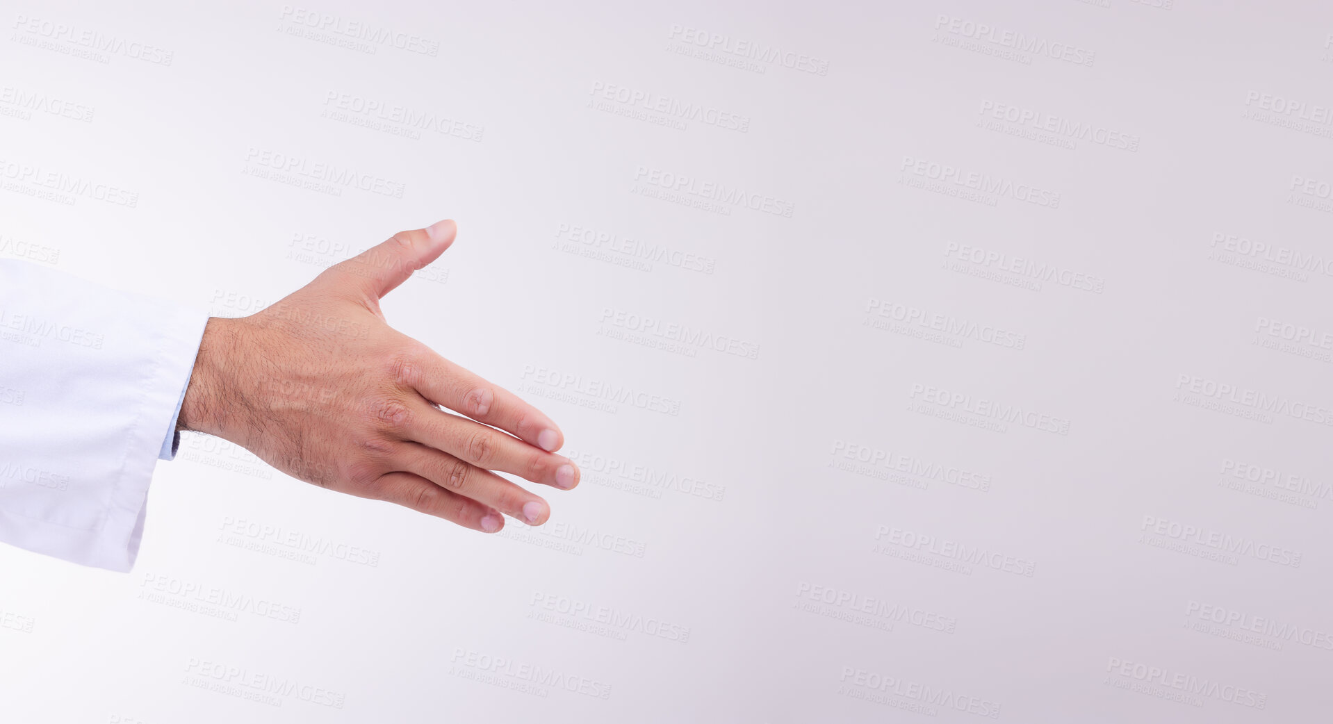 Buy stock photo Doctor, handshake and mockup for healthcare partnership, meeting or greeting against a white studio background. Hand of isolated medical professional shaking hands for introduction, deal or thank you