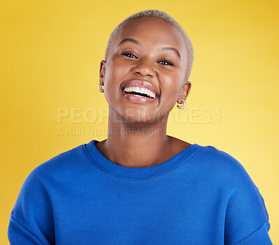 Buy stock photo Black woman, smile and face portrait in studio for motivation, beauty and happiness and mindset. Young african aesthetic female model on a yellow background laughing for cosmetics and positive color