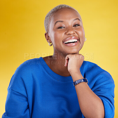 Buy stock photo Black woman, studio portrait and happy student for confidence, beauty and yellow background. Girl, model smile and fashion with excited face, cosmetics or gen z aesthetic with happiness by backdrop