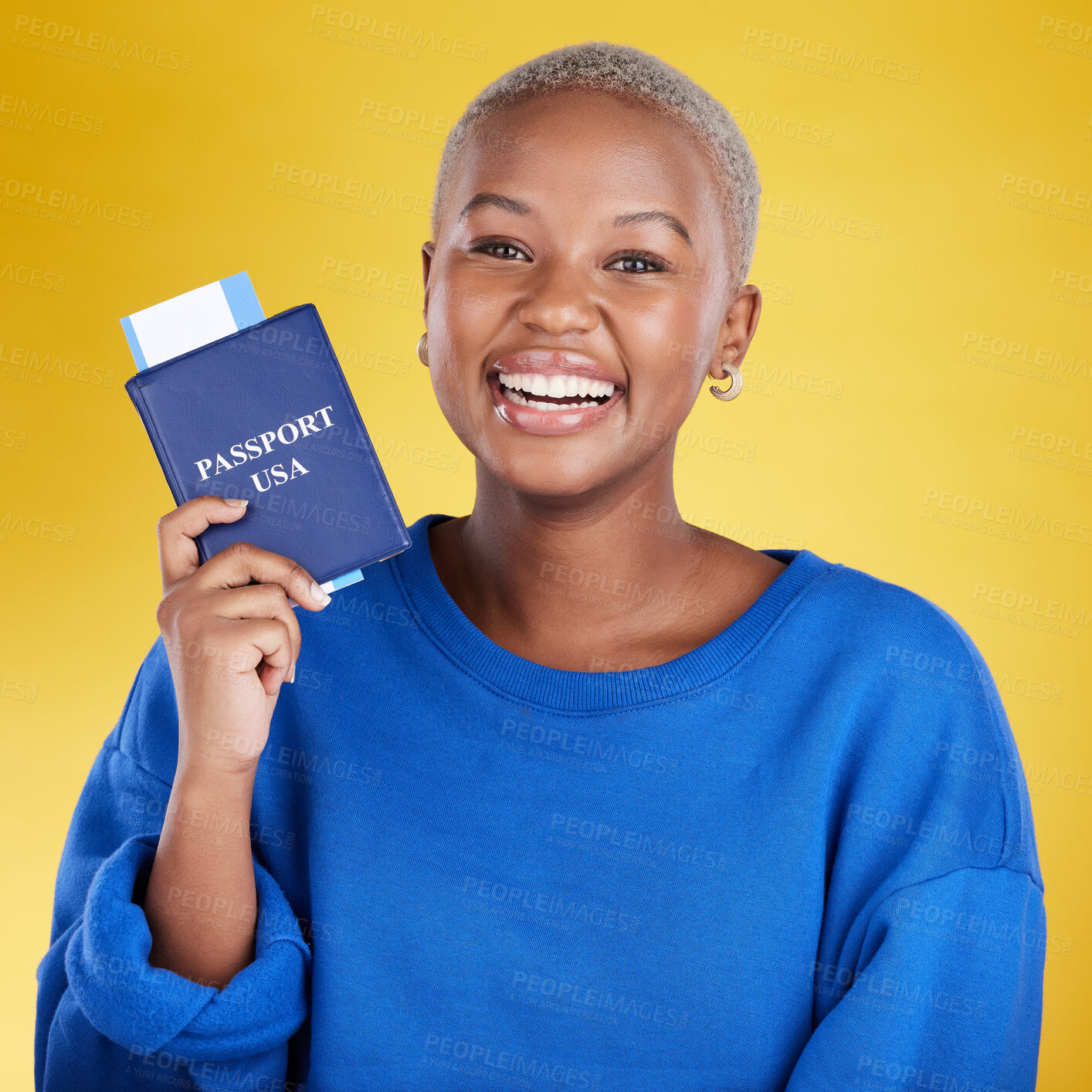 Buy stock photo Happy woman face with passport isolated on yellow background for USA travel opportunity, immigration or holiday. Identity documents, flight ticket and excited portrait of young black person in studio