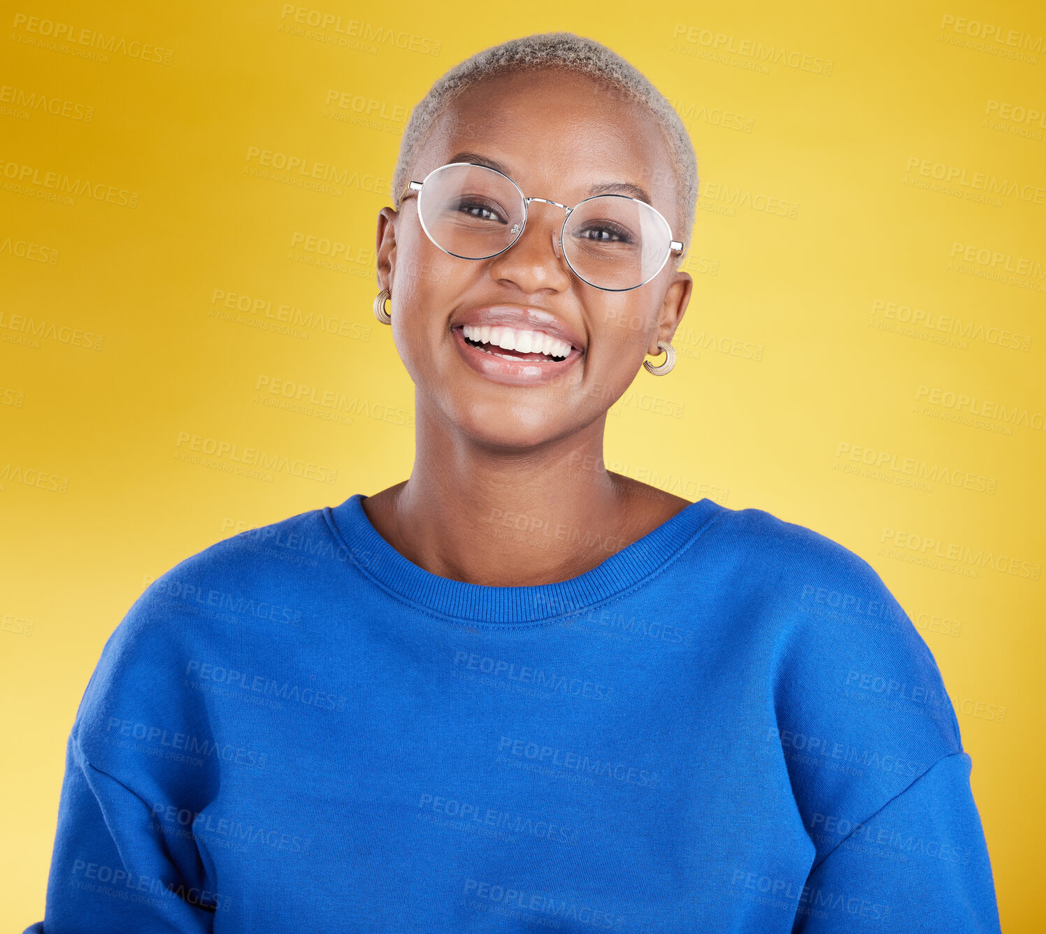 Buy stock photo Young black woman, studio portrait and smile with glasses, eye health or fashion frame by yellow background. African, student girl or model for happiness, youth or beauty with eyes, vision and happy