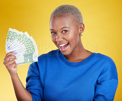 Buy stock photo Portrait, money winner and black woman with euros in studio isolated on a yellow background. Financial freedom, wealth and face of happy, excited and rich female with cash after winning lottery prize