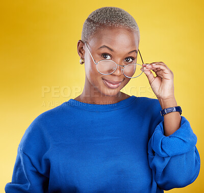 Buy stock photo Face, black woman and glasses for vision, fashion and casual outfit against a studio background. Portrait, African American female and lady with spectacles, eyewear and clear sight with confidence