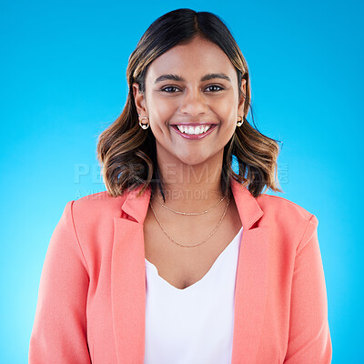 Buy stock photo Smile, portrait and business woman in studio isolated on a blue background with pride for career, profession or job. Face, professional and confident, happy and proud female entrepreneur from India.