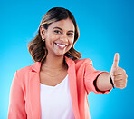 Smile, portrait and business woman with thumbs up in studio isolated on blue background. Face, success emoji and happy Indian female with hand gesture for thank you, approval or agreement, like or ok