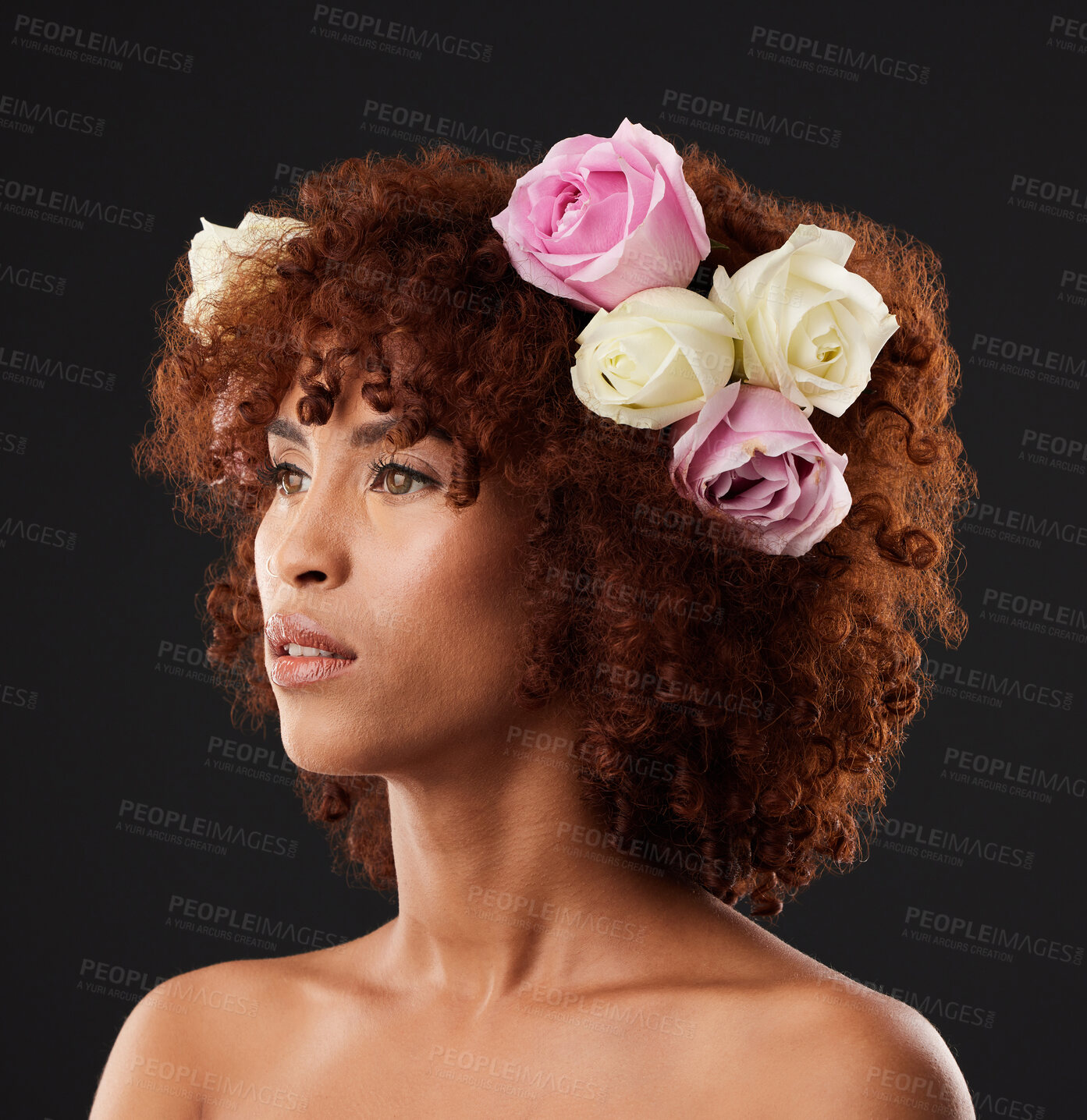 Buy stock photo Thinking, beauty and flowers with a model black woman in studio on a dark background for natural skincare. Wellness, luxury and idea with an attractive young female wearing a flower crown or wreath