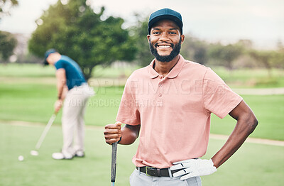 Golf, sports and portrait of black man with smile on course for game, practice and training for competition. Professional golfer, relax and happy male athlete for exercise, activity and recreation