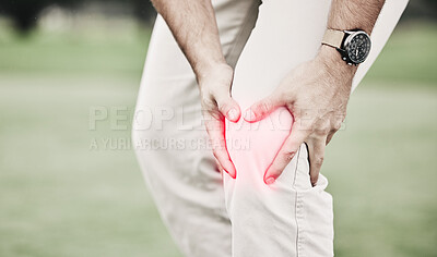 Buy stock photo Sports, injury and golf course, man with knee pain during game, massage and relief in health and wellness. Green, zoom on hands on leg in support and golfer with ache during golfing workout on grass.