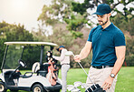 Golf, sports and man on course with golfing bag of clubs ready to start game, practice and training on lawn. Professional golfer, activity and male caddy on grass for exercise, fitness and recreation