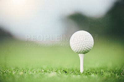 Buy stock photo Sports, golf ball and tee on course in club for competition match, tournament and training. Target, challenge and games with equipment on grass field for practice, recreation hobby and practice