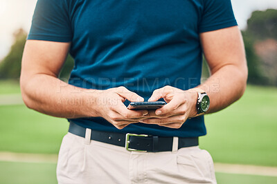 Buy stock photo Man, hands and phone texting in communication on golf course for sports, social media or networking outdoors. Hand of sporty male chatting on smartphone or mobile app for golfing research or browsing