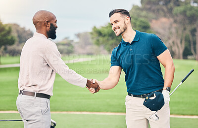Buy stock photo Man, friends and handshake on golf course for sports, partnership or trust on grass field together. Happy sporty men shaking hands in collaboration for good match, game or competition in the outdoors