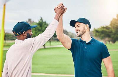 Man, friends and high five on golf course for sports, partnership or trust on grass field together. Happy sporty men shaking hands in air for collaboration, good match or game in competition outdoors