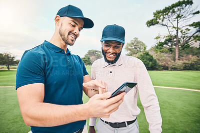 Buy stock photo Golf course, men and friends with talk for using phone, smile and personal trainer with video for training together. Golfer, smartphone and point at meme on social media app with sports for diversity