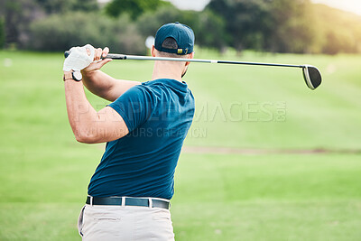 Buy stock photo Golf stroke, sport swing and golfer outdoor for game, fitness and exercise on grass. Athlete back, training and man at a sports club for cardio and workout on a green course with focus and action