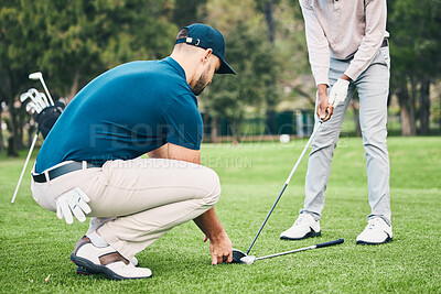 Buy stock photo Teaching, golf lesson and sports coach help man with swing, driver or stroke outdoor. Coaching, course and club support of athlete men ready to start golfing exercise, workout and training for game.