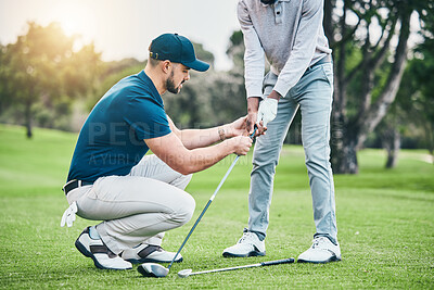 Buy stock photo Golf lesson, teaching and sports coach help man with swing, putt and stroke outdoor. Lens flare, green course and club support of a athlete ready for exercise, fitness and training for a game