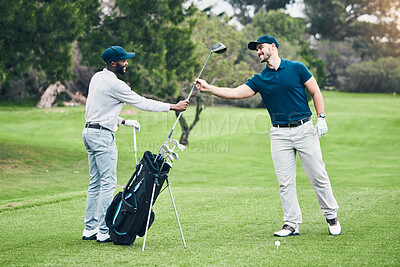 Buy stock photo Golf, club and sports with men on course and playing for training, games and challenge. Tournament, help and support with golfer and caddy on lawn field for competition, hobby and leisure practice