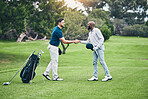 Men, golf course grass and handshake for friends at game, sport and international competition on field. Professional golfer, start and shaking hands for fitness at contest, club and sports in summer