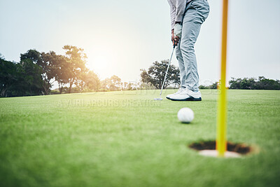 Buy stock photo Sports, golf hole and man with golfing club on course ground for game, practice and training for competition. Professional golfer, grass and male athlete hit ball for winning, score or tee stroke