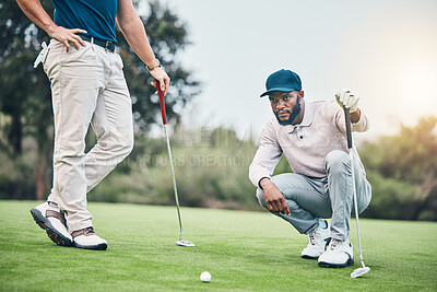 Buy stock photo Planning, sports and golf with black man on field for training, competition match and thinking. Games, challenge and tournament with athlete playing on course for exercise, precision and confidence