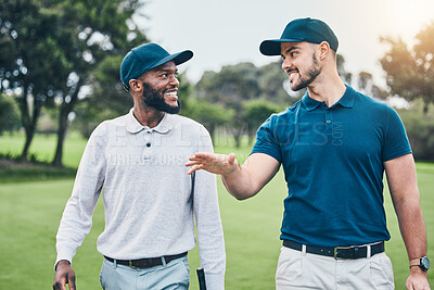 Buy stock photo Friends, sports and golf, men walking, talking and smiling on grass course at outdoor game. Health, fitness and friendship, black man and happy golfer with smile walk in nature on weekend together.