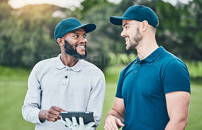 Buy stock photo Tablet, gold and friends planning course or game on a weekend outdoors using the internet, web or an app. Team, diverse and happy sporty male people golfing and networking as sport fitness