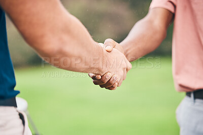 Buy stock photo People, handshake and sport for partnership, trust or unity in community, collaboration or teamwork on grass field. Team of sporty players shaking hands on golf course for club, game or outdoor match