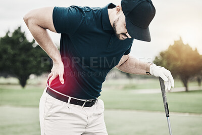 Buy stock photo Sports, muscle and golf, man with back pain during game on course, massage and relief in health and wellness. Green, hands on injury in support and golfer with body ache at golfing workout on grass.