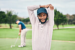 Golf, sports and portrait of black man stretching on course for game, practice and training for competition. Professional golfer, happy and male athlete warm up for exercise, activity and golfing