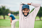 Golf, smile and portrait of black man stretching arms on course for game, practice and training for competition. Professional golfer, sports and happy male athlete for exercise, activity and golfing