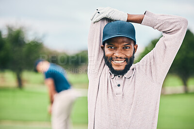 Buy stock photo Golf, smile and portrait of black man stretching arms on course for game, practice and training for competition. Professional golfer, sports and happy male athlete for exercise, activity and golfing