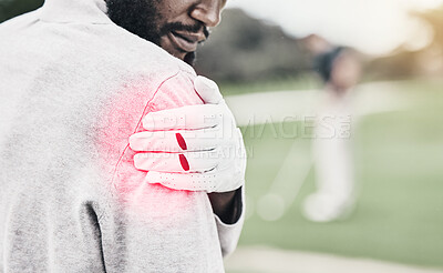 Buy stock photo Sports, muscle and golf, black man with shoulder pain during game, massage and relief in health and wellness. Green, hand on injury in support and African golfer with ache at golfing workout on grass