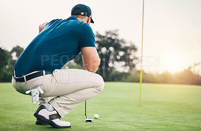 Buy stock photo Thinking, sports and golf with man on field for training, competition match and planning. Games, challenge and tournament with athlete playing on course for exercise, precision and confidence