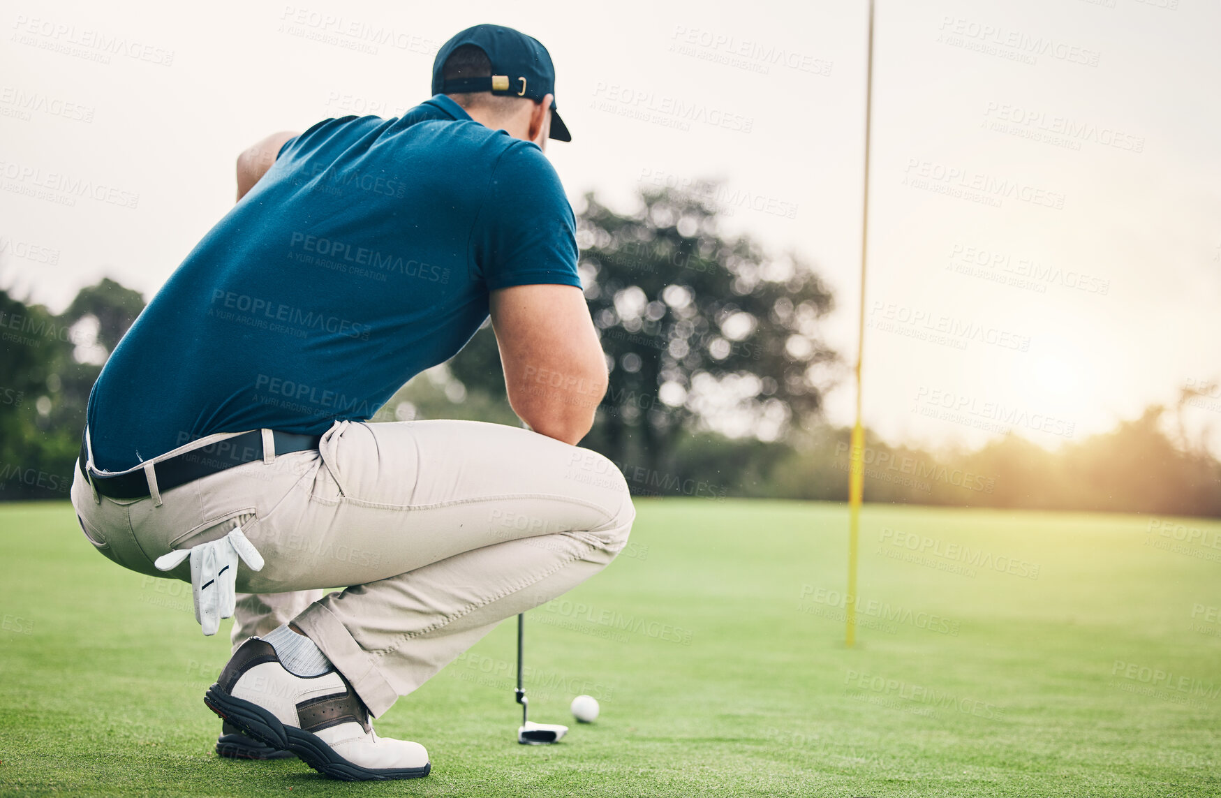 Buy stock photo Thinking, sports and golf with man on field for training, competition match and planning. Games, challenge and tournament with athlete playing on course for exercise, precision and confidence