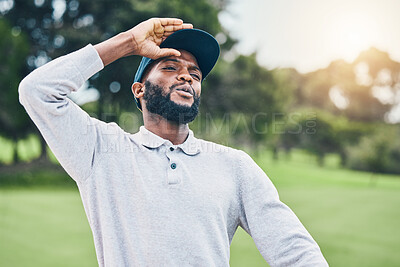 Buy stock photo Man, golf course and disappointment for shot at game, sport or angry for mistake competition on outdoor field. Professional African golfer, stress or anger at contest for fail, games or training